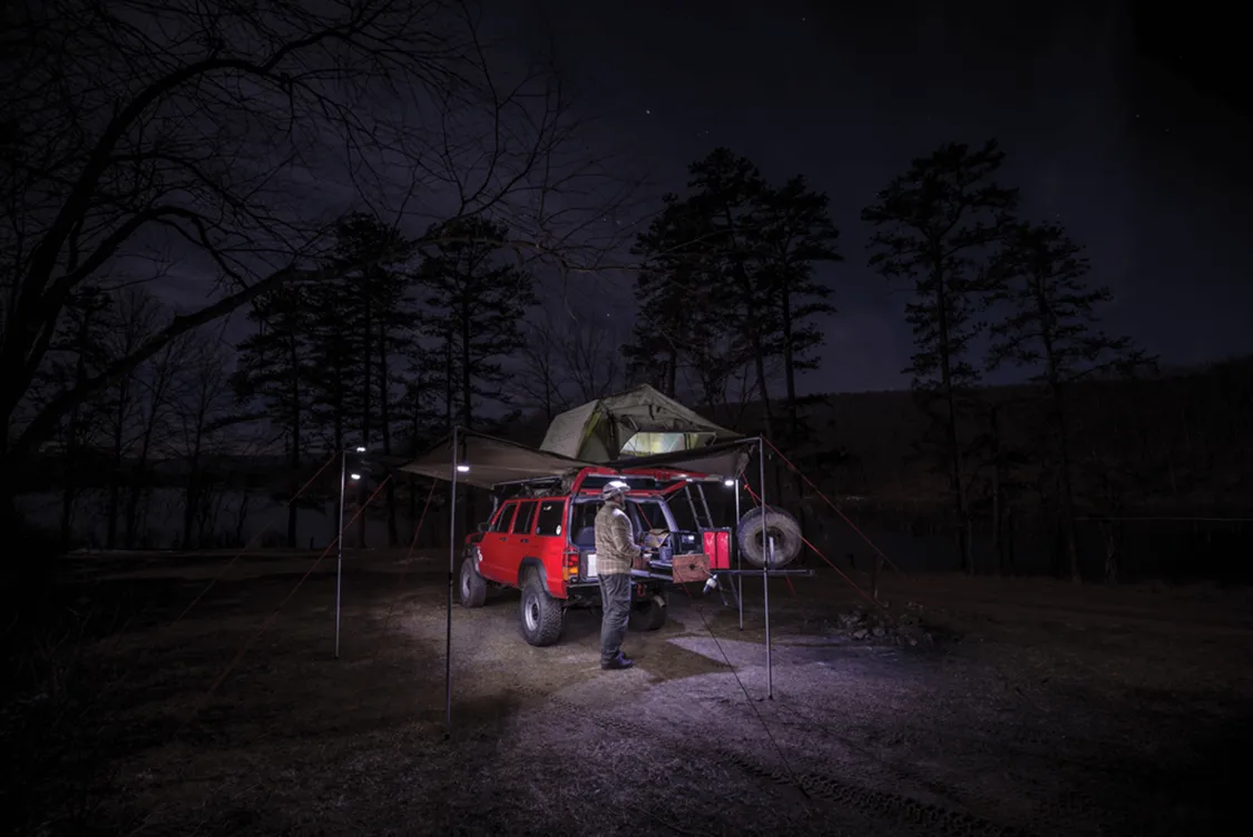 The Foxwing awning by Oztent/Rhino Rack offers 270 degrees of coverage around the vehicle