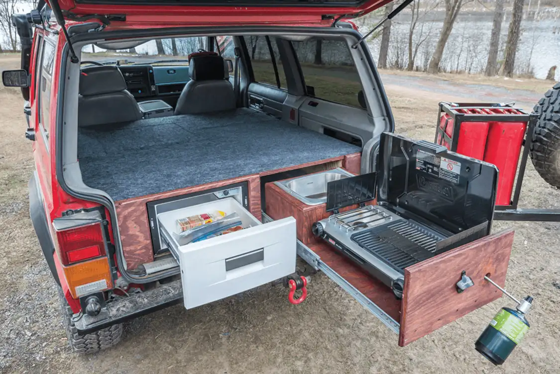 A full kitchen setup was built into the rear of the Cherokee