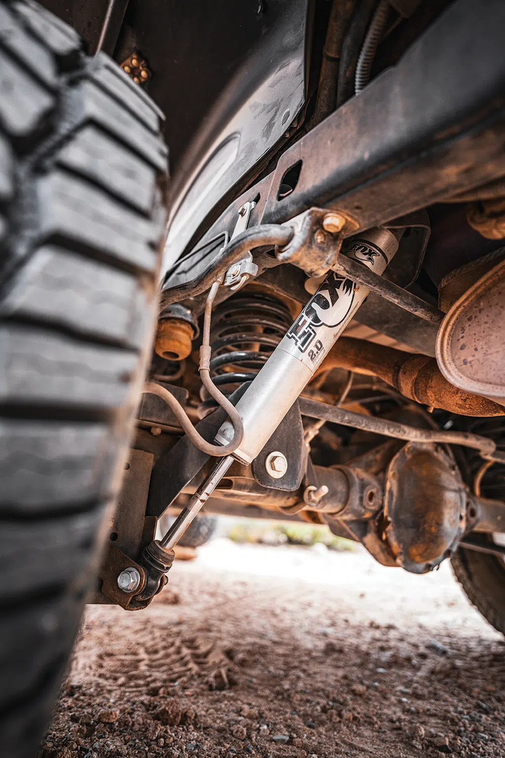 A peek under the Jeep shows the Fox suspension